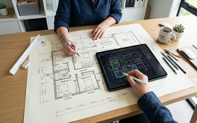 Architects reviewing digital and printed floor plans on a desk while designing a modern home layout for Planning a House from Scratch Full Guide.