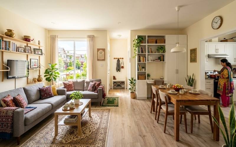 Bright open-concept small home interior with modern living and dining space designed by the Best Architect for Small Budget Homes in Pakistan.