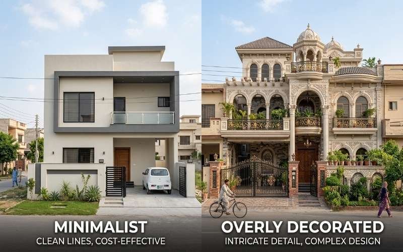 Low Cost Modern House Design Ideas in Pakistan comparing minimalist modern home with clean lines and an overly decorated traditional house exterior