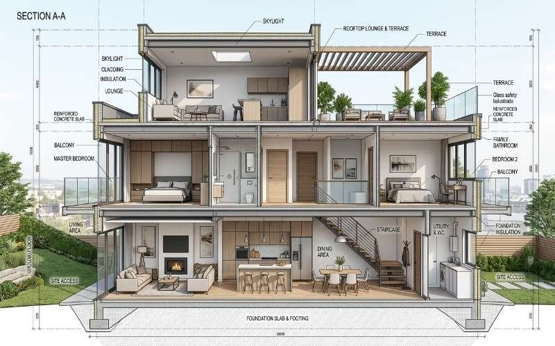 Architectural section view of a Triple Story House Design with Smart Interior Planning showing functional room layouts, rooftop terrace, open living spaces, and modern staircase design.