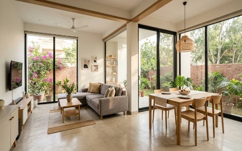 Low Cost Modern House Design Ideas in Pakistan featuring open living and dining area with natural light, simple furniture, and minimal interior design