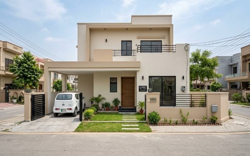 Low Cost Modern House Design Ideas in Pakistan with simple double story home, clean front elevation, car porch, and minimal exterior design