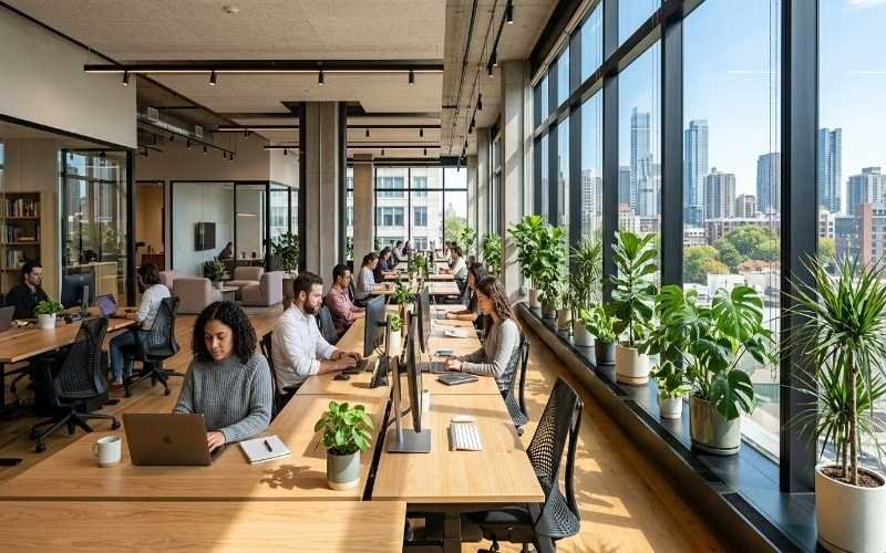 Smart Office Design Ideas for Better Comfort and Efficiency showing a bright modern open-plan office with large glass windows, natural sunlight, employees working at wooden desks with computers, indoor plants placed along the windows, and a calm productive workspace environment.