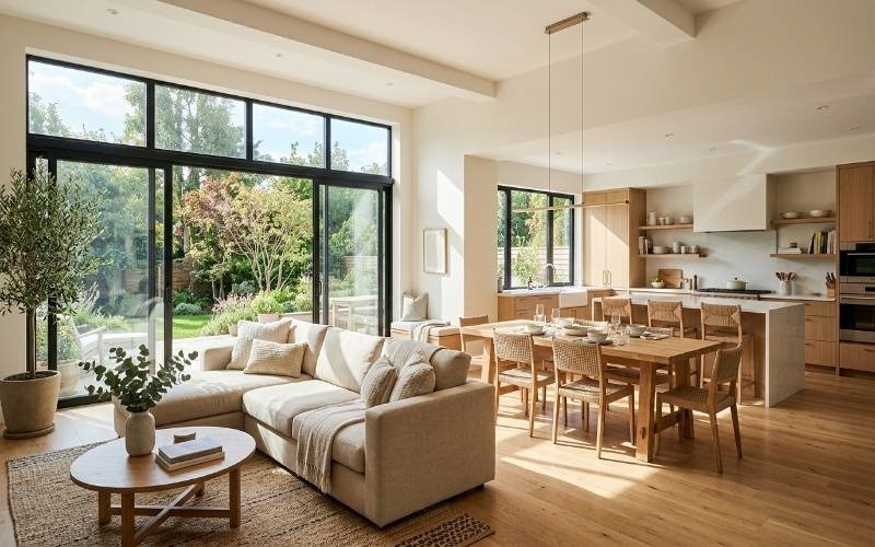Bright modern interior with connected kitchen, dining, and living space demonstrating Open Floor Plan House Design Tips for spacious and comfortable living.