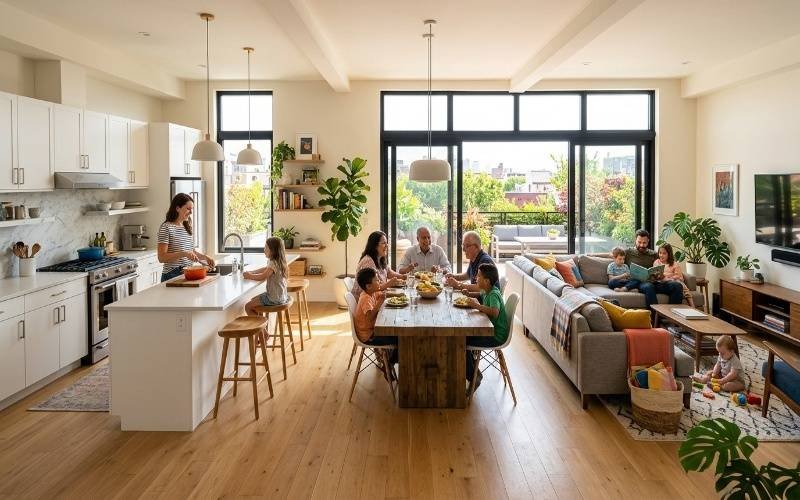 Open-concept interior showcasing Multi Family House Design Ideas with Stylish Layouts, featuring a connected kitchen, dining, and living area filled with natural light and modern family living.