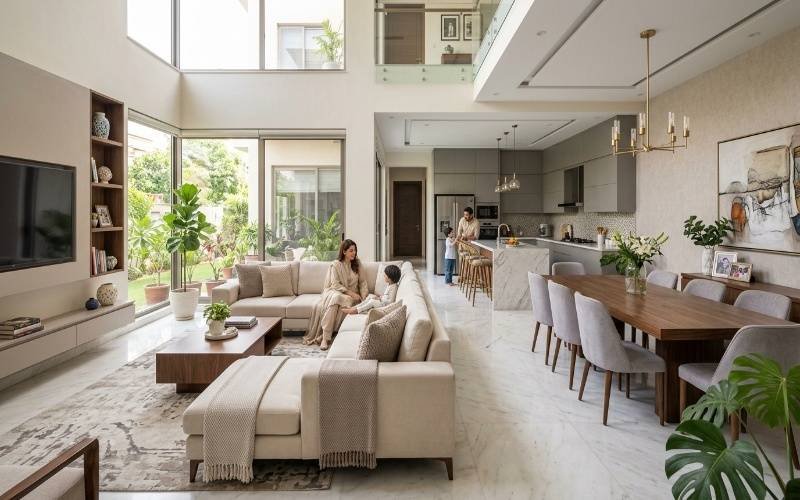 Modern open-concept luxury home interior with spacious living area, dining space, large windows, and natural light reflecting Corner Plot House Design Plans for a Luxury Look.