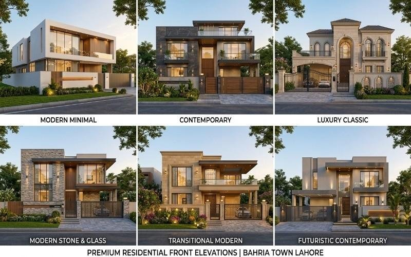 Collection of modern luxury house front elevation designs showcasing Residential Architecture Services in Bahria Town Lahore.