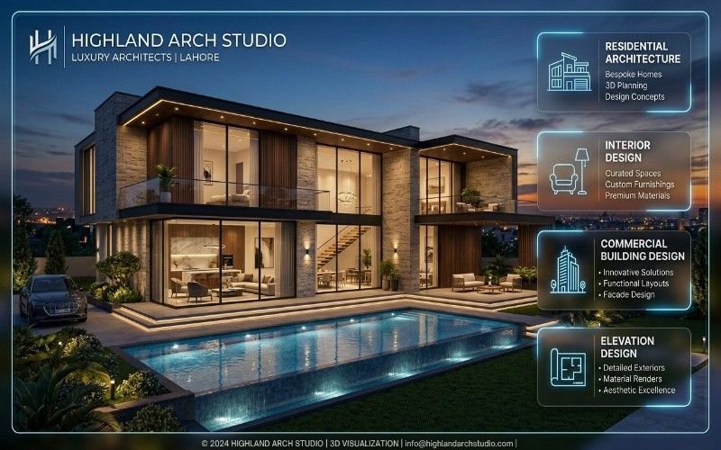 Luxury modern house 3D architectural visualization by Highland Arch Studio showcasing residential, interior, commercial, and elevation design services by Best Architect Services in Bahria Town Lahore.