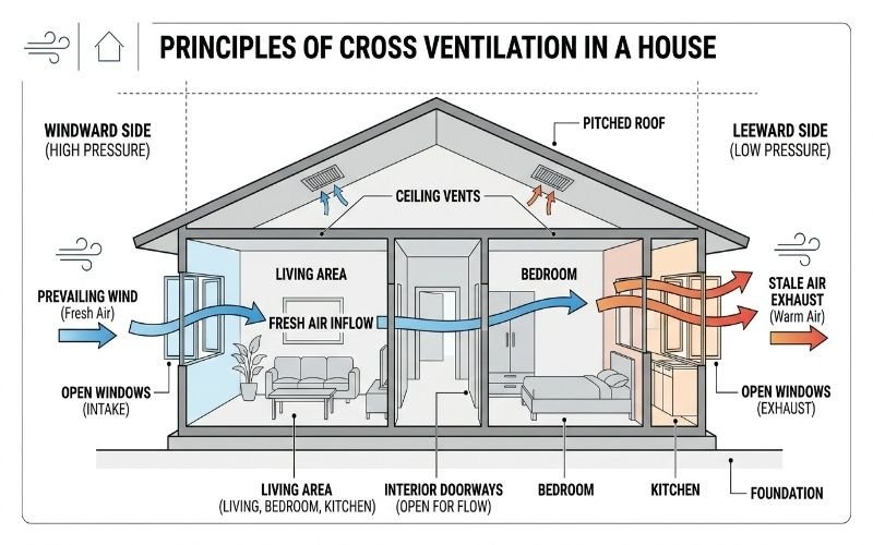 Corner Plot House Designs with Better Ventilation diagram showing cross ventilation with fresh air entering from one side and warm air exiting through opposite windows