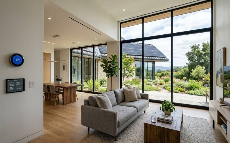Modern smart home living room with large glass windows, natural lighting, solar panels, and minimalist interior design featured in Planning a House from Scratch Full Guide.
