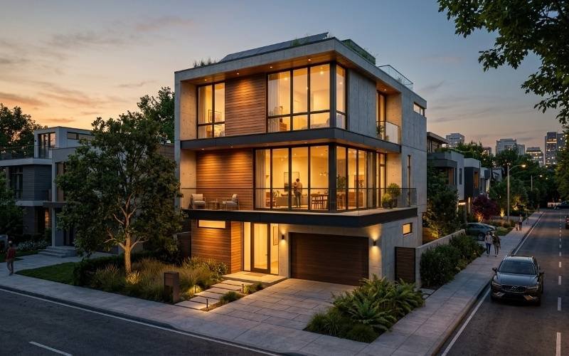 Modern Triple Story House Design with Smart Interior Planning featuring large glass windows, warm lighting, and a contemporary exterior in an urban neighborhood.