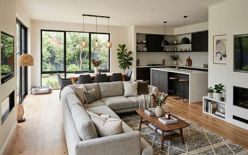 Modern open concept living room and kitchen with cozy furniture and natural lighting featuring Open Floor Plan House Design Tips for stylish family living.