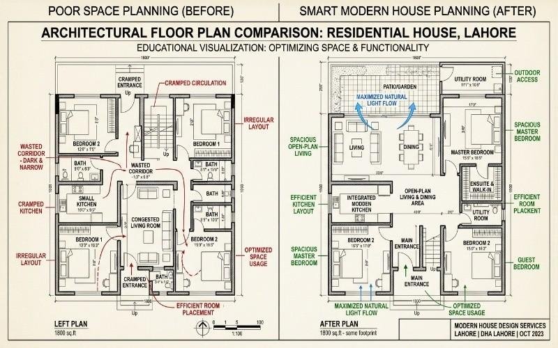 Architectural floor plan comparison showing before and after modern house planning in Lahore, highlighting optimized space usage by Best Architect Services in Bahria Town Lahore.