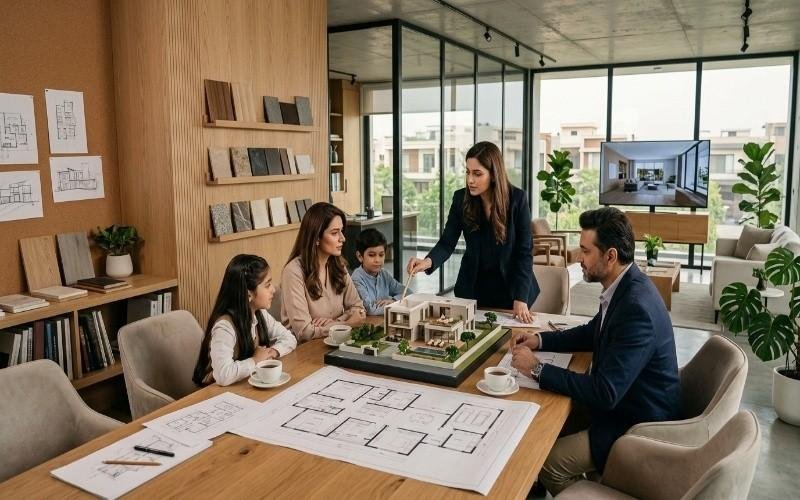 Family discussing modern house plans with architects in a professional office offering Residential Architecture Services in Bahria Town Lahore.