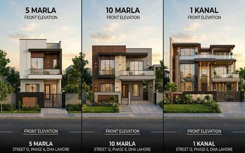 5 Marla, 10 Marla, and 1 Kanal modern house front elevations designed through 3D Elevation Design Services in DHA Lahore.