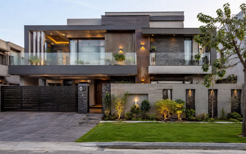 Modern luxury house showcasing Best Architect Services in Park View City Lahore with contemporary design, elegant facade, glass balcony, and landscaped front lawn.
