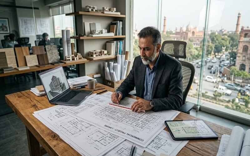 Architect reviewing commercial building plans, highlighting professional Commercial Architecture Services in DHA Lahore for modern business developments.