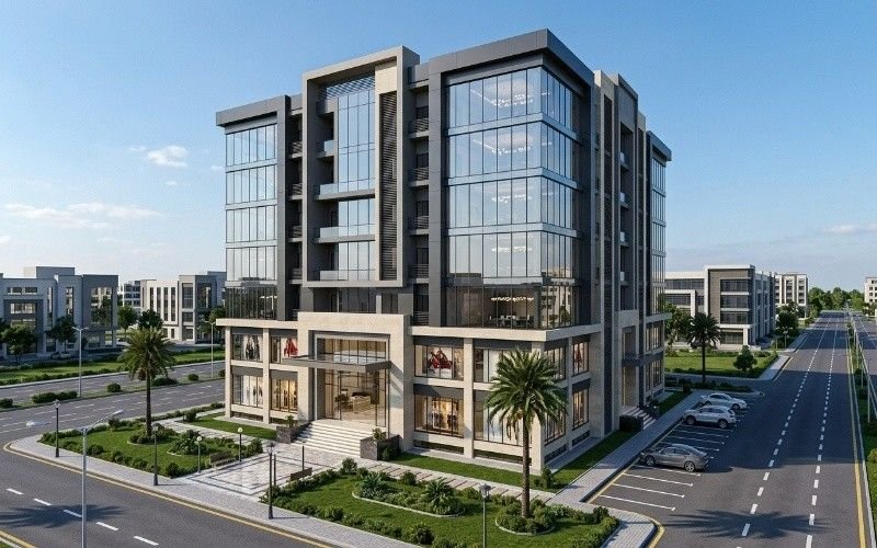 Modern commercial building design showcasing Commercial Architecture Services in Bahria Town Lahore with glass facade, parking area, and landscaped surroundings