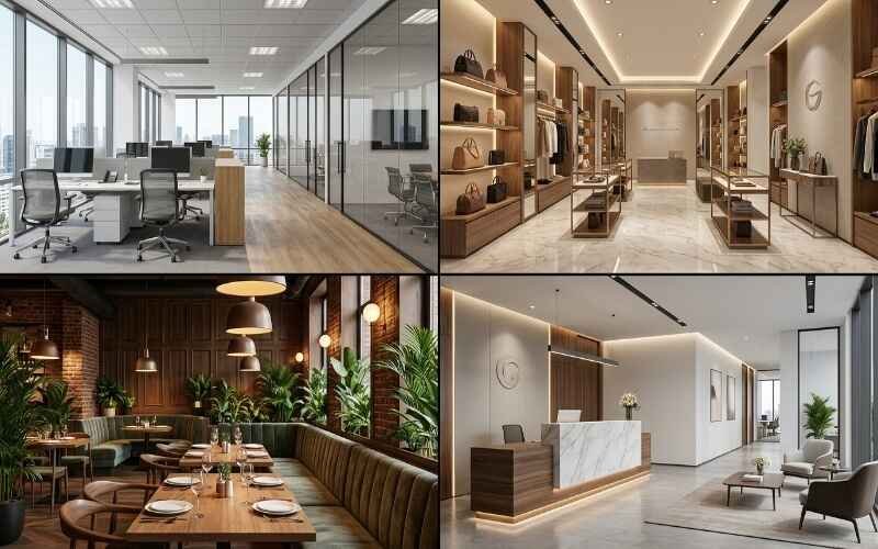 Modern commercial interior design collage showing office, retail, restaurant, and reception spaces, created with Interior Design Services in Park View City Lahore.