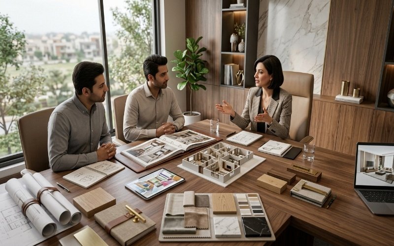 Client meeting with designers discussing home plans and Interior Design Services in Bahria Town Lahore, reviewing layouts, materials, and interior concepts.
