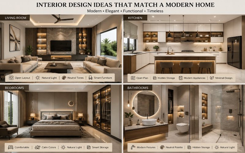 Modern House Design Ideas in Park View City Lahore featuring a stylish living room, modern kitchen, elegant bedroom, and luxury bathroom.