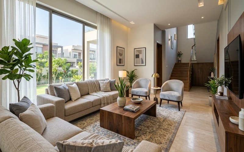 Modern living room showcasing elegant Interior Design Services in Bahria Town Lahore with stylish furniture, large windows, natural light, and a contemporary interior layout.