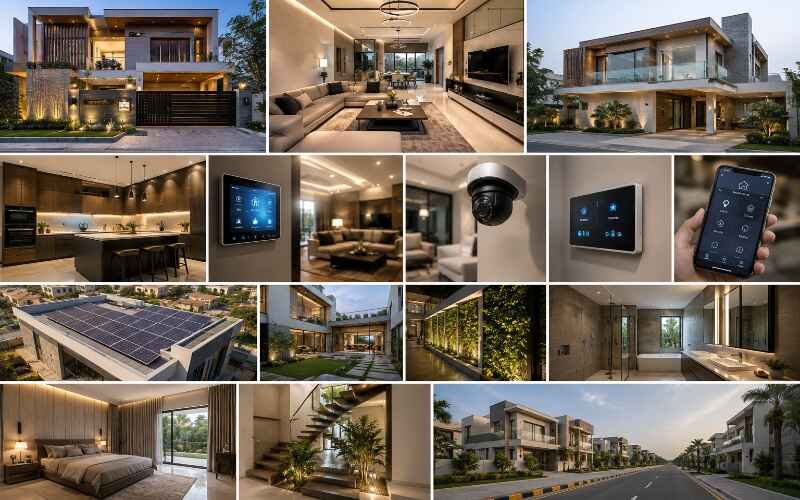 Modern residential architecture collage featuring luxury homes, interiors, smart home systems, and sustainable design, showcasing Residential Architecture Services in Park View City Lahore.
