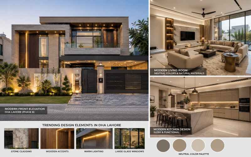 Modern House Design Ideas in DHA Lahore featuring a luxury modern front elevation with stylish interior living room, kitchen design, and trending architectural elements.