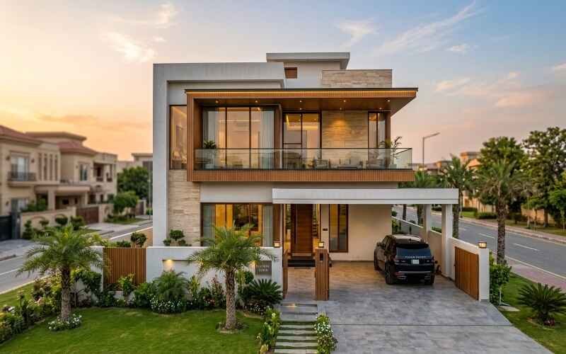 Modern House Design Ideas in Bahria Town Lahore showcasing a contemporary luxury two-story home with stylish exterior, glass balcony, and landscaped front lawn.