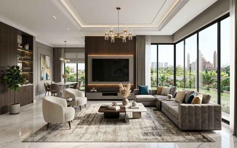 Luxury modern living room interior featuring elegant furniture, large windows, and premium finishes inspired by Modern House Design Ideas in Bahria Town Lahore.