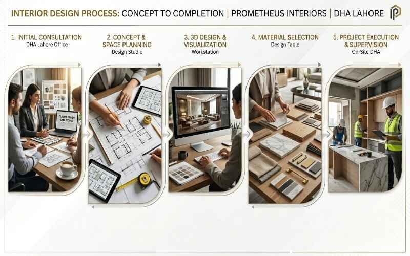 Interior Design Services in DHA Lahore Concept to completion process showing consultation, space planning, 3D design, material selection, and project execution.