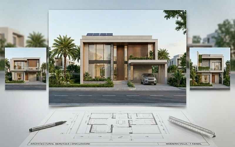 Modern architectural design concept showing luxury house elevations and floor plan visualization, created by Best Architect Services in DHA Lahore.