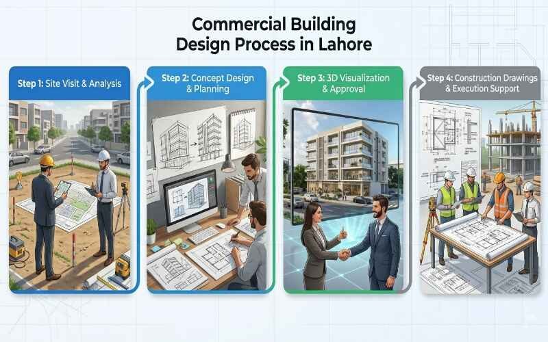 Commercial building design process infographic showing 4 steps with Commercial Architecture Services in Park View City Lahore.