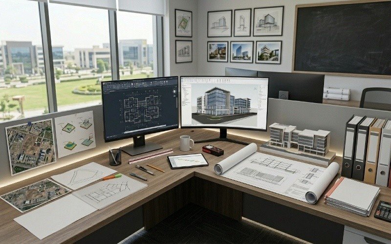 Architectural workspace showing Commercial Architecture Services in Bahria Town Lahore with CAD designs, blueprints, and modern office setup.