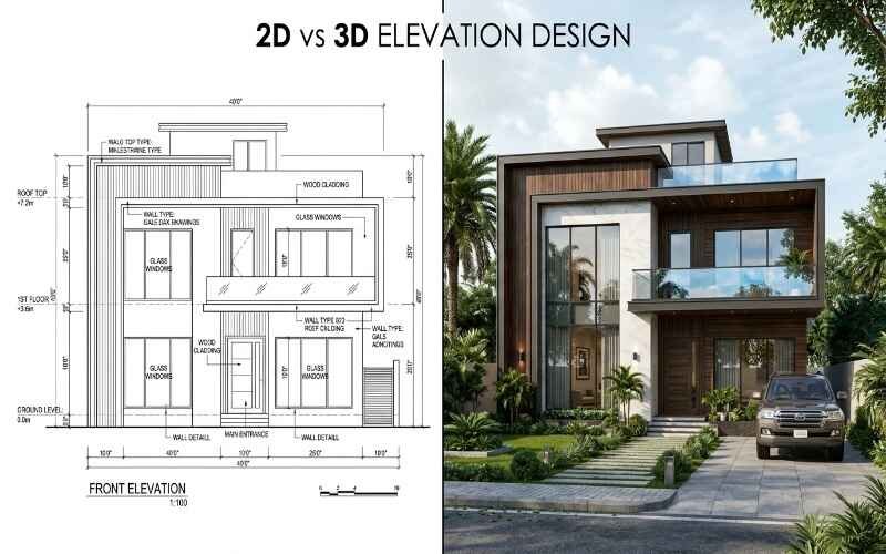 2D vs 3D house elevation comparison showcasing modern 3D Elevation Design Services in DHA Lahore.