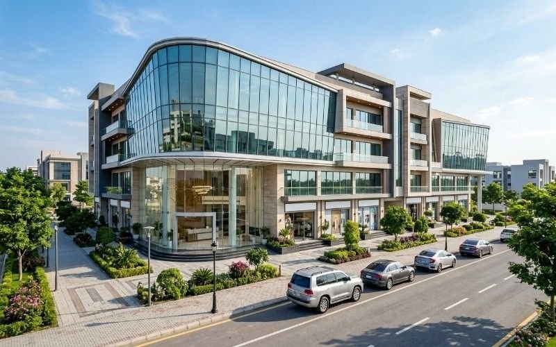 Modern glass commercial building showcasing Commercial Architecture Services in Bahria Town Lahore with stylish facade and parking area.