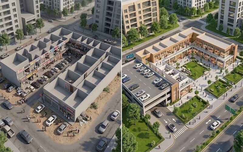Modern commercial building design comparison showing transformation with Commercial Architecture Services in Park View City Lahore.