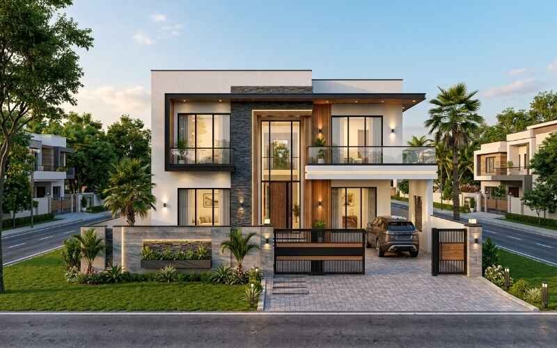 Modern House Design Ideas in Park View City Lahore featuring a stylish two-story home with a contemporary facade, glass balcony, and elegant exterior.