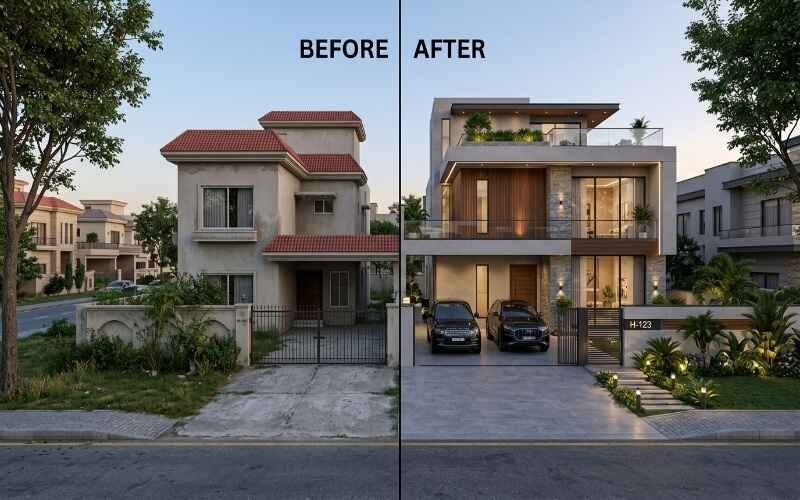 Before and after modern transformation of a house showing a traditional home redesigned into a luxury contemporary home using Modern House Design Ideas in Bahria Town Lahore style architecture.