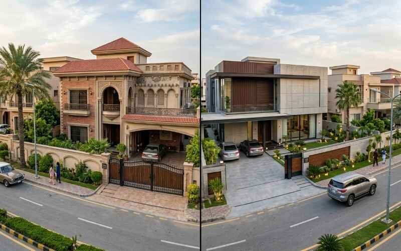 Modern House Design Ideas in DHA Lahore featuring luxury traditional and contemporary villas side by side with stylish front elevations, gated entrances, and landscaped surroundings.