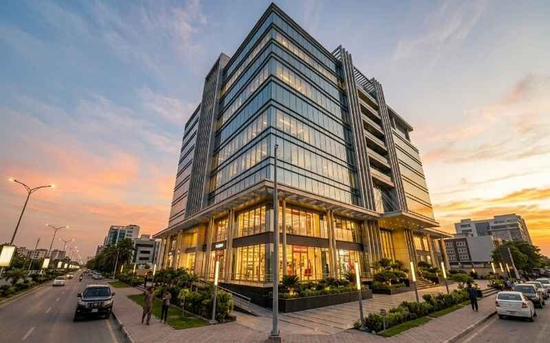 Modern glass-front commercial building showcasing Commercial Architecture Services in DHA Lahore with a contemporary design and premium business space.