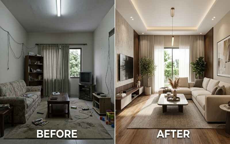 Before and after transformation of a living room by Interior Design Services in DHA Lahore showing renovation from outdated space to modern luxury interior.