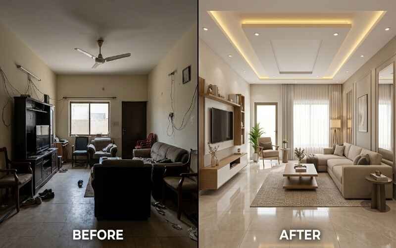 Before and after living room transformation showcasing modern interior design with elegant lighting and furniture, highlighting Interior Design Services in Park View City Lahore.