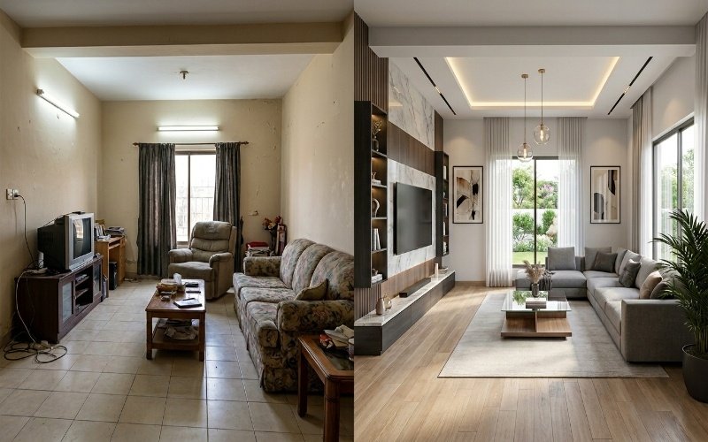 Before and after living room transformation showing modern Interior Design Services in Bahria Town Lahore with improved layout, lighting, and elegant décor.