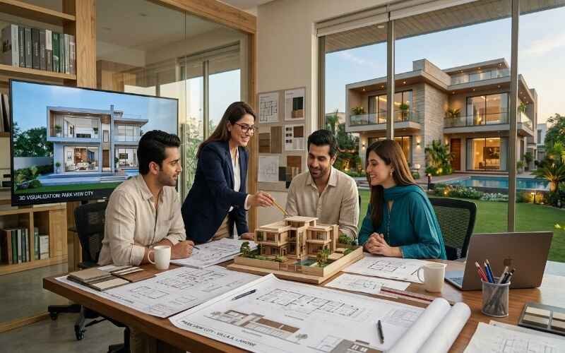 Architects discussing a residential project model in modern office with design plans and 3D house visual, showcasing Residential Architecture Services in Park View City Lahore.