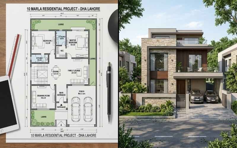 10 marla residential floor plan and modern house elevation design showcasing Residential Architecture Services in DHA Lahore.